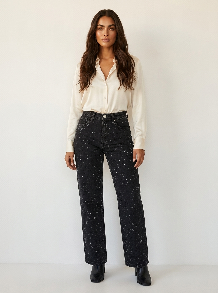 Rechte High Waist Jeans met Subtiele Glitterdetails – Elvira