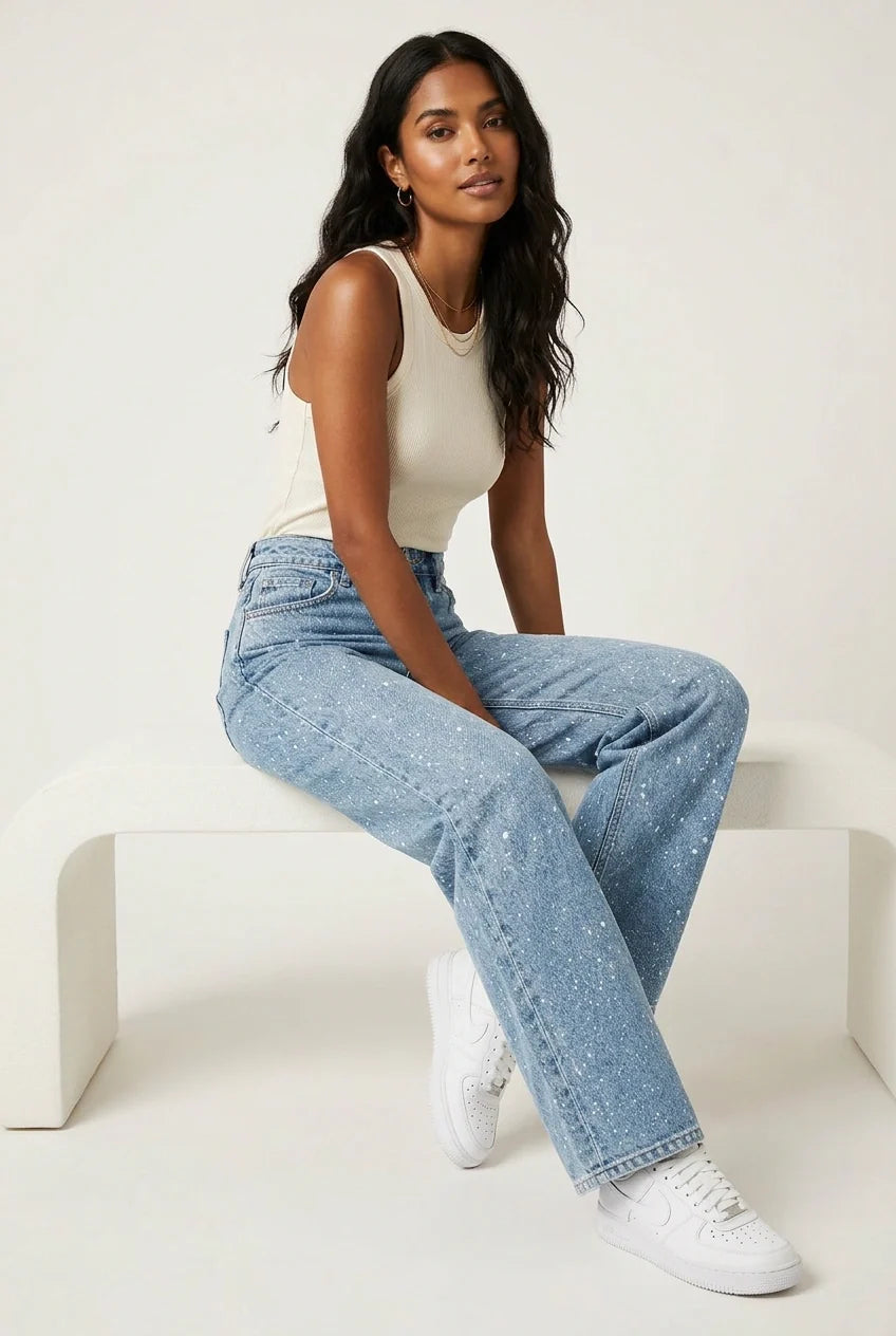 Rechte High Waist Jeans met Subtiele Glitterdetails – Elvira