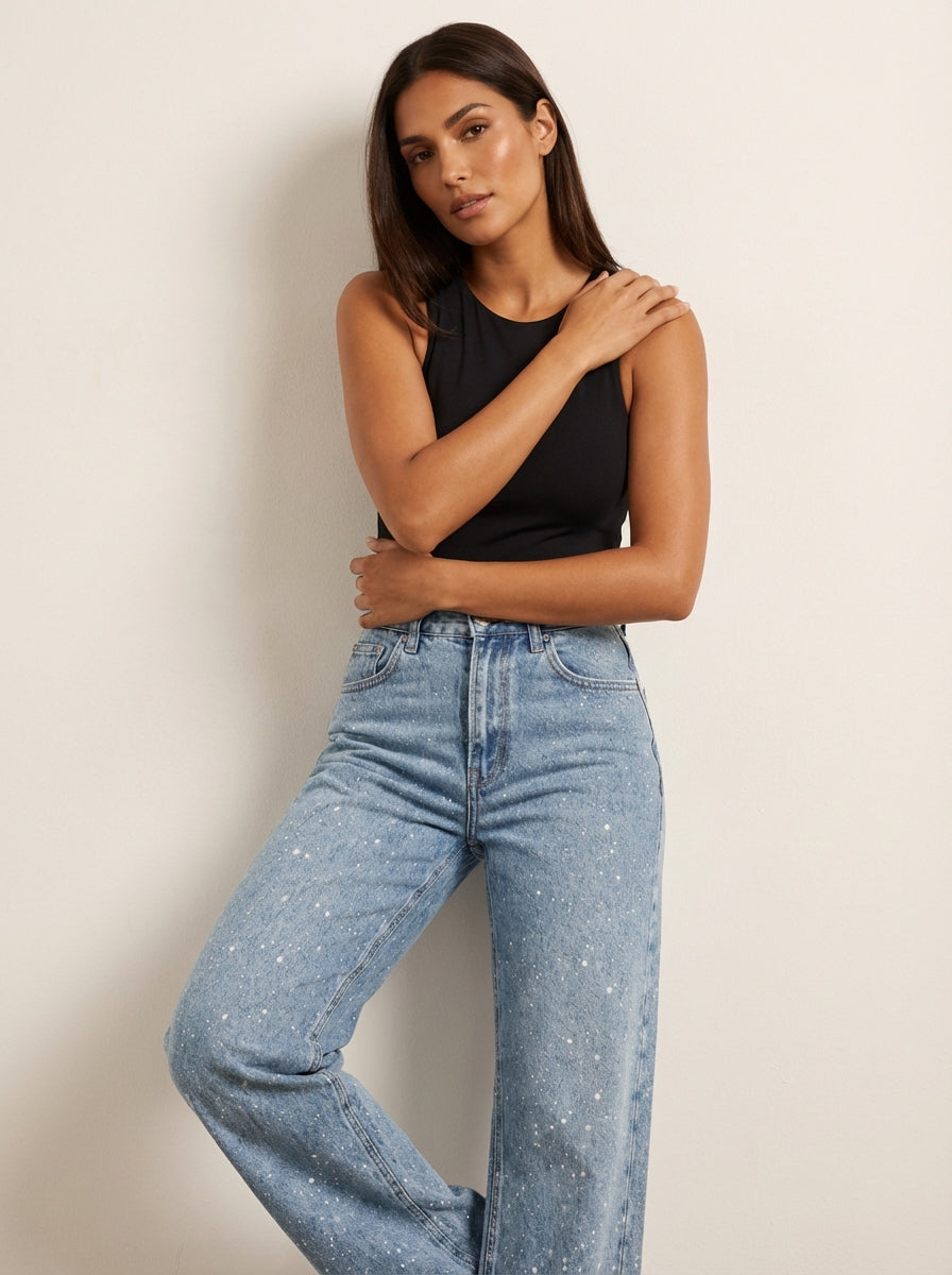 Rechte High Waist Jeans met Subtiele Glitterdetails – Elvira