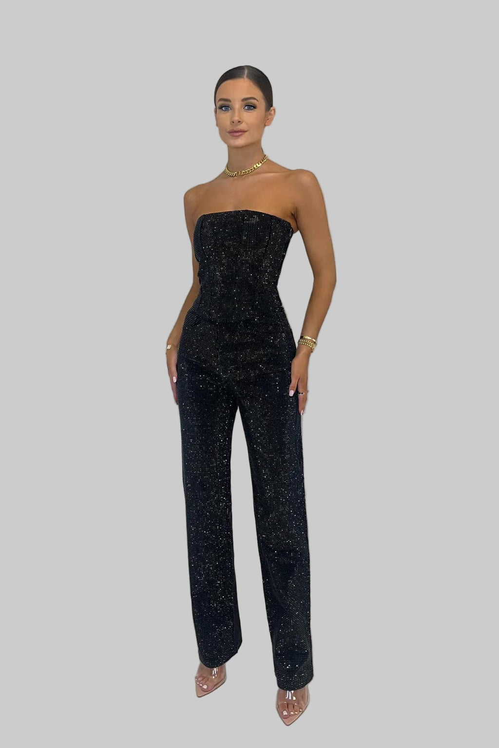 Strapless jumpsuit zwart vooraanzicht Sabrina