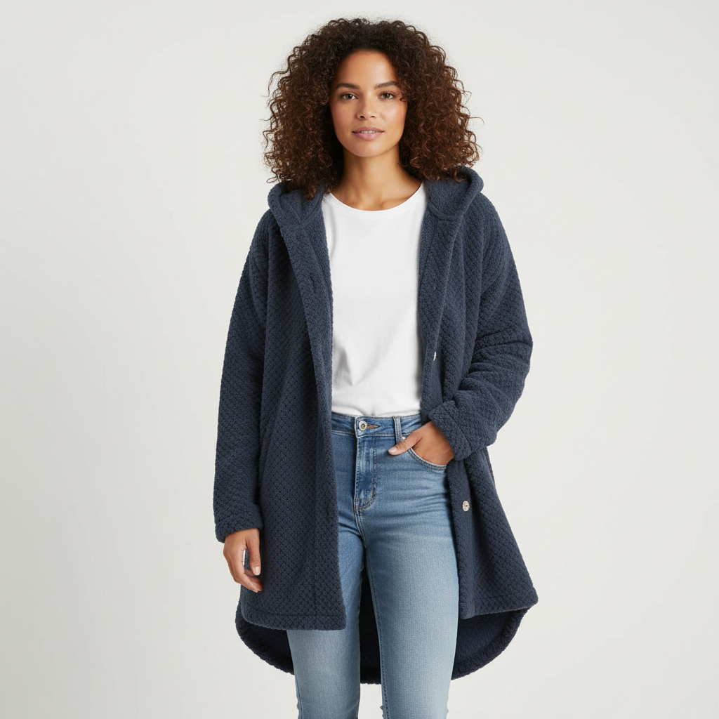 Teddy fleece jas marineblauw vooraanzicht Selène