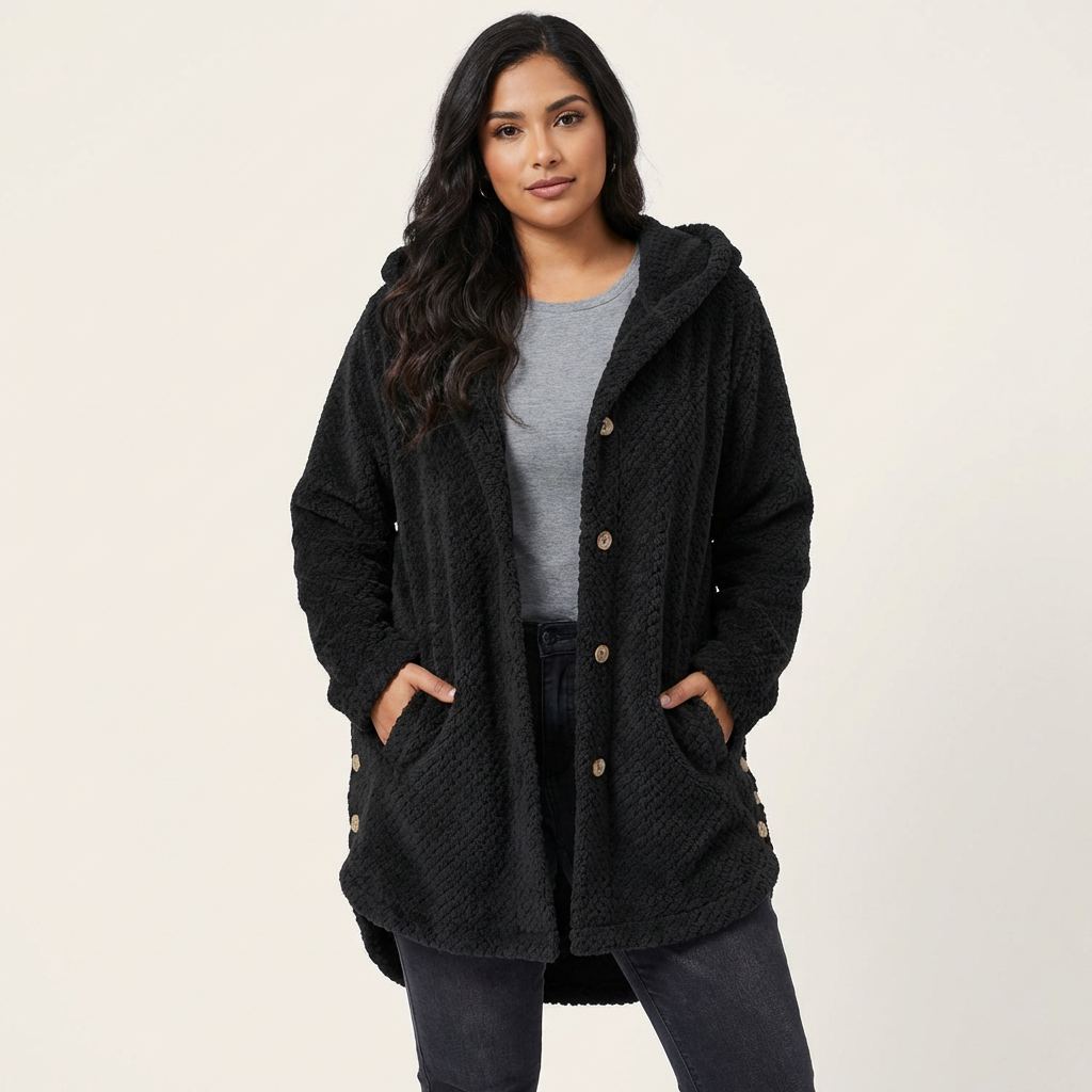 Teddy fleece jas zwart vooraanzicht Selène