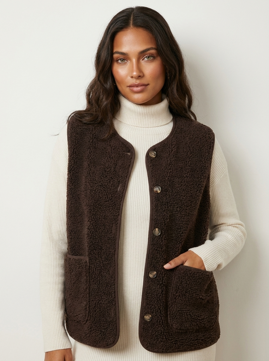 Teddy gilet bruin vooraanzicht Hedy