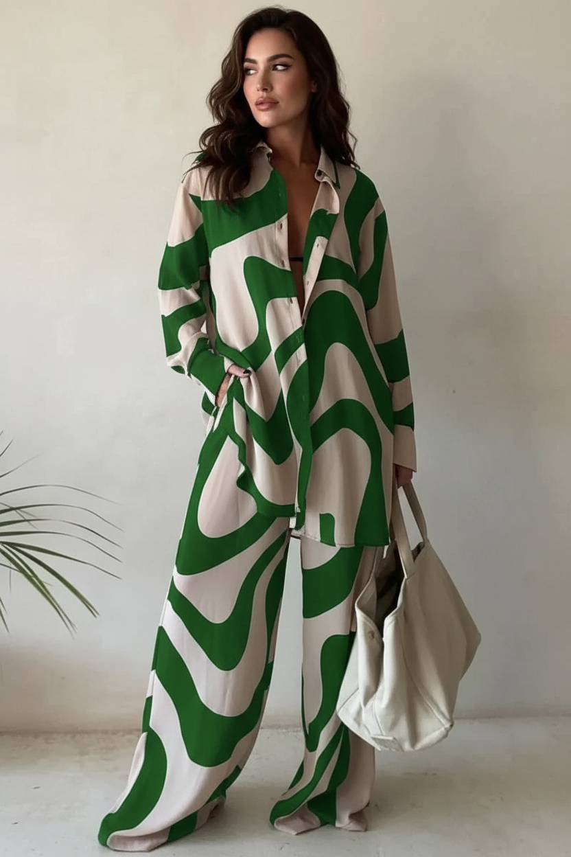 Tweedelige set beige groen vooraanzicht Marie