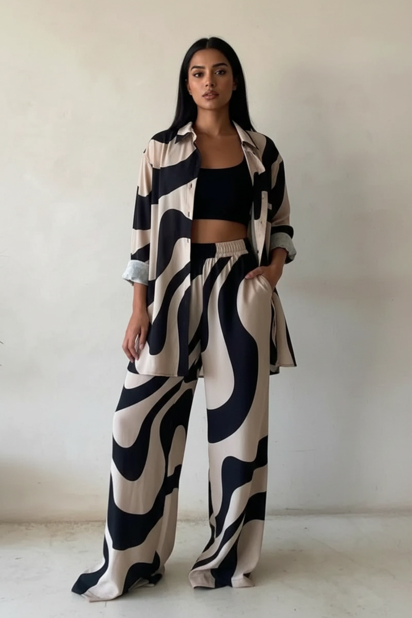 Tweedelige set beige zwart vooraanzicht Marie